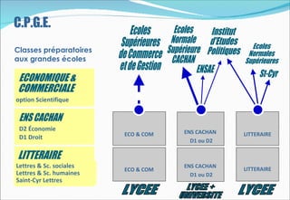 C.P.G.E.
Classes préparatoires
aux grandes écoles




option Scientifique



 D2 Économie                         ENS CACHAN
                         ECO & COM                LITTERAIRE
 D1 Droit                              D1 ou D2



Lettres & Sc. sociales               ENS CACHAN
                                                  LITTERAIRE
                         ECO & COM
Lettres & Sc. humaines                 D1 ou D2
Saint-Cyr Lettres
 
