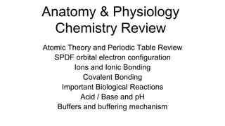 Anatomy & Physiology
Chemistry Review
Atomic Theory and Periodic Table Review
SPDF orbital electron configuration
Ions and Ionic Bonding
Covalent Bonding
Important Biological Reactions
Acid / Base and pH
Buffers and buffering mechanism
 