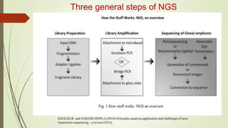 Three general steps of NGS
KHALID,R. and SABAHUDDIN,A.(2016).Principles,analysis,application and challenges of next
Generation sequencing : a review.(2016).
 