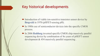 Key historical developments
 Introduction of viable ion-sensitive transistor sensor device by
Bergveld in 1970 (pHFET-sensing pH).
 In 1980s use of semiconductor devices into the specific CMOS
process.
 In 2006 Rothberg invented specific CMOS chip massively parallel
sequencing device by combination of 4o years of pHEFT sensor
development & 454 massively parallel sequencing .
 