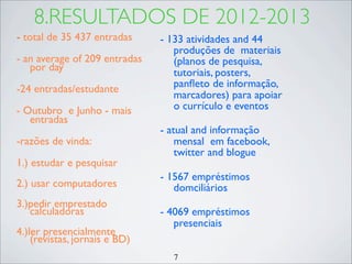 7
8.RESULTADOS DE 2012-2013
- total de 35 437 entradas
- an average of 209 entradas
por day
-24 entradas/estudante
- Outubro e Junho - mais
entradas
-razões de vinda:
1.) estudar e pesquisar
2.) usar computadores
3.)pedir emprestado
calculadoras
4.)ler presencialmente
(revistas, jornais e BD)
- 133 atividades and 44
produções de materiais
(planos de pesquisa,
tutoriais, posters,
panﬂeto de informação,
marcadores) para apoiar
o currículo e eventos
- atual and informação
mensal em facebook,
twitter and blogue
- 1567 empréstimos
domciliários
- 4069 empréstimos
presenciais
 