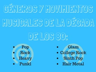 GÉNEROS Y MOVIMIENTOS
MUSICALES DE LA DÉCADA
DE LOS 80:
Pop
Rock
Heavy
Punkl
Glam
College Rock
Sinth Pop
Hair Metal
 