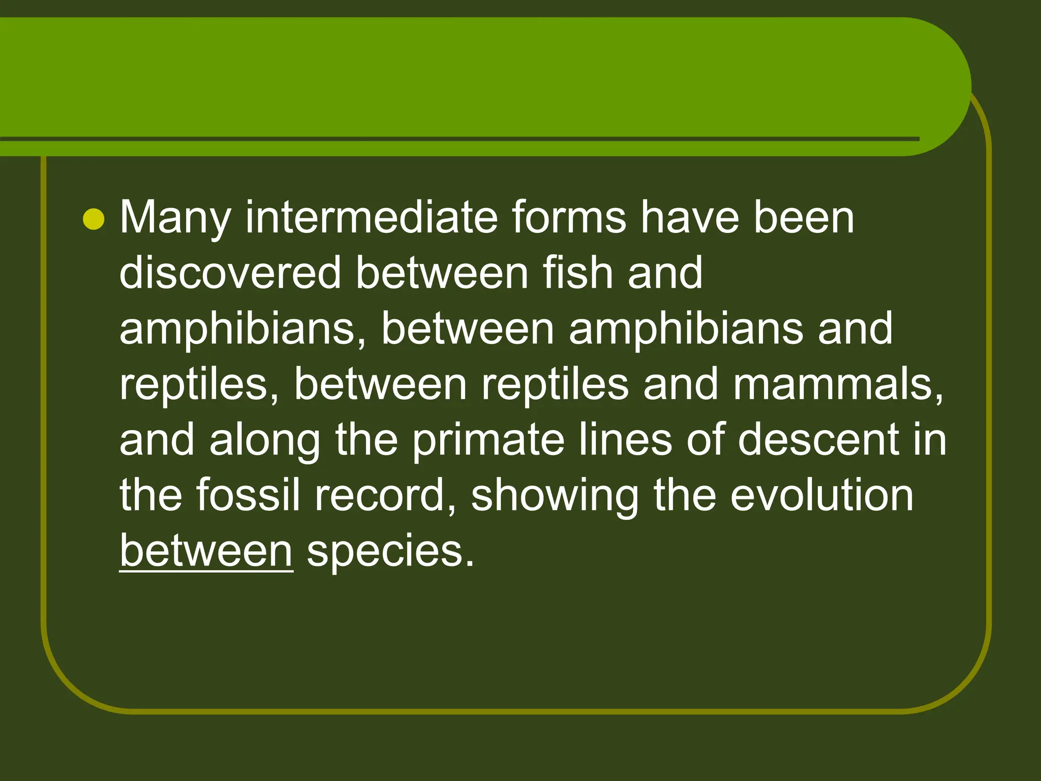  Many intermediate forms have been
discovered between fish and
amphibians, between amphibians and
reptiles, between reptiles and mammals,
and along the primate lines of descent in
the fossil record, showing the evolution
between species.
 