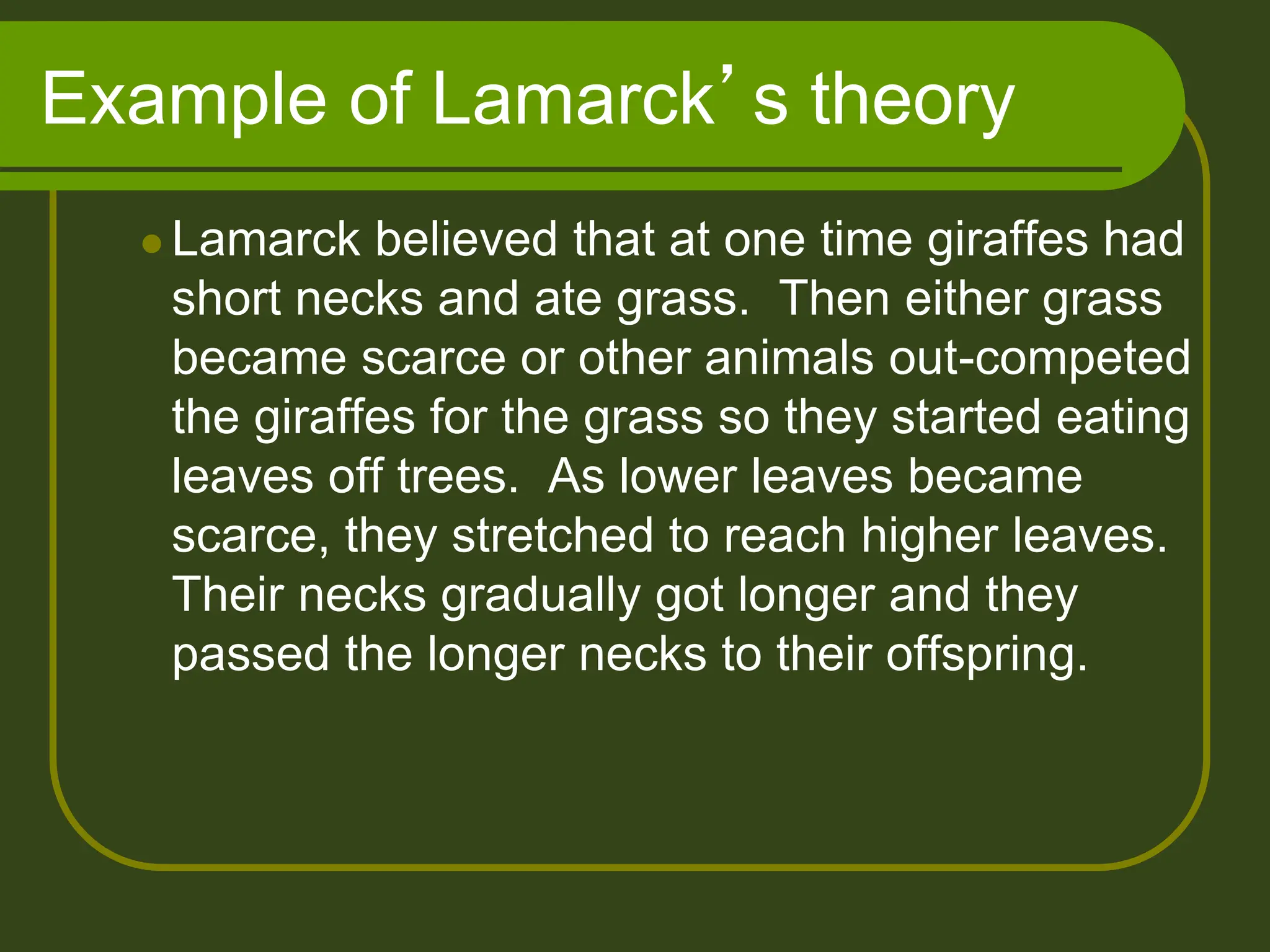 Example of Lamarck’s theory
 Lamarck believed that at one time giraffes had
short necks and ate grass. Then either grass
became scarce or other animals out-competed
the giraffes for the grass so they started eating
leaves off trees. As lower leaves became
scarce, they stretched to reach higher leaves.
Their necks gradually got longer and they
passed the longer necks to their offspring.
 
