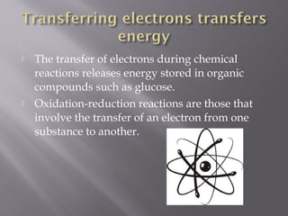  The transfer of electrons during chemical
reactions releases energy stored in organic
compounds such as glucose.
 Oxidation-reduction reactions are those that
involve the transfer of an electron from one
substance to another.
 