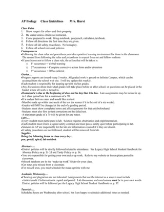 AP Biology        Class Guidelines           Mrs. Hurst

Class Rules
1. Show respect for others and their property.
2. Be seated unless otherwise instructed.
3. Come prepared to work: Bring notebook, pen/pencil, calculator, textbook.
4. Follow all directions the first time they are given.
5. Follow all lab safety procedures. No horseplay.
6. Follow all school rules and policies.
Consequences
•Following the class rules and procedures provides a positive learning environment for those in the classroom.
 The reward from following the rules and procedures is respect from me and fellow students.
•If you choose not to follow a class rule, the action that will be taken is:
     o 1st occurrence = Verbal warning
     o 2nd occurrence = Complete corrective action form and/or detention
     o 3rd occurrence = Office referral
Grades….
•Progress reports are issued every 3 weeks. All graded work is posted on Infinite Campus, which can be
 accessed from the school web site. I will try update this weekly.
•Each student is responsible for keeping up with his/her grades.
•Any discussions about individual grades will take place before or after school, or questions can be placed in the
 basket where all work is turned in.
•Homework is due at the beginning of class on the day that it is due. Late assignments may be turned in up
 to 1 class period late for a maximum of a 70.
•If a student fails an exam and would like a retest:
-Must be made up within one week of the test (or sooner if it is the end of a six weeks).
-Grades will NOT be changed at the end of a grading period.
-Students must show completed notes and all assignments for that unit beforehand.
-Students must also first do test corrections on the failed test.
-A maximum grade of a 70 will be given for any retest.
Labs….
•Every student must participate in lab. Science requires observation and experimentation.
•Each student must return a signed safety contract and must pass a safety quiz before participating in lab.
•Students in AP are responsible for the lab and information covered if it they are absent.
•If safety procedures are not followed, student will be removed from lab.
Supplies
Bring the following items to class every day:
pen, pencil, spiral, lab notebok

Absences….
•District policies will be strictly followed related to attendance. See Legacy High School Student Handbook for
 Absence Policy on p. 31-33 and Tardy Policy on p. 36.
•You are responsible for getting your own make-up work. Refer to my website or lesson plans posted in
 classroom.
•Missed handouts are in the “make-up work” folder for your class.
•Get notes you missed from a classmate.
•For missed tests, you must schedule the make-up time with me.

Academic Dishonesty….
•Cheating and plagiarism are not tolerated. Assignments that use the internet as a source must include
 citation/credit if information is copied and pasted. Lab discussion and conclusions must be in your own words.
 District policies will be followed per the Legacy High School Student Handbook on p. 37.

Tutorials….
Scheduled hours are Wednesday after school, but I am happy to schedule additional times as needed.
 