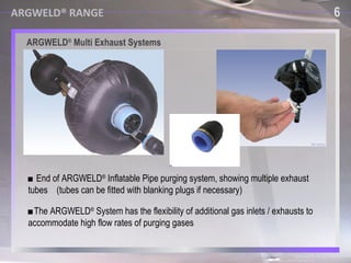 ARGWELD ®  Multi Exhaust Systems ■  End of ARGWELD ®  Inflatable Pipe purging system, showing multiple exhaust  tubes  (tubes can be fitted with blanking plugs if necessary) ■ The ARGWELD ®  System has the flexibility of additional gas inlets / exhausts to  accommodate high flow rates of purging gases 6 ARGWELD® RANGE 