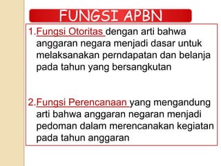 FUNGSI APBN
1.Fungsi Otoritas dengan arti bahwa
anggaran negara menjadi dasar untuk
melaksanakan perndapatan dan belanja
pada tahun yang bersangkutan
2.Fungsi Perencanaan yang mengandung
arti bahwa anggaran negaran menjadi
pedoman dalam merencanakan kegiatan
pada tahun anggaran
 