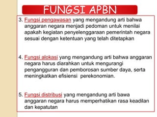 FUNGSI APBN
3. Fungsi pengawasan yang mengandung arti bahwa
anggaran negara menjadi pedoman untuk menilai
apakah kegiatan penyelenggaraan pemerintah negara
sesuai dengan ketentuan yang telah ditetapkan
4. Fungsi alokasi yang mengandung arti bahwa anggaran
negara harus diarahkan untuk mengurangi
pengangguran dan pemborosan sumber daya, serta
meningkatkan efisiensi perekonomian.
5. Fungsi distribusi yang mengandung arti bawa
anggaran negara harus memperhatikan rasa keadilan
dan kepatutan
 