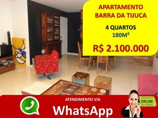 APARTAMENTO
BARRA DA TIJUCA
4 QUARTOS
180M²
R$ 2.100.000
ATENDIMENTO VIA
WhatsApp
 