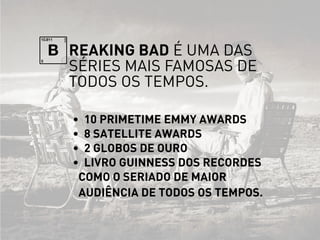 reaking Bad é uma das
séries mais famosas de
todos os tempos.
•	 10 Primetime Emmy Awards
•	 8 Satellite Awards
•	 2 Globos de Ouro
•	 Livro Guinness dos Recordes
como o seriado de maior
audiência de todos os tempos.
B
 