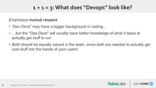 18 Copyright 2015. Confidential – Distribution prohibited without permission
1 + 1 = 3:What does “Devops” look like?
Emphasize mutual respect:
▪ “Dev Devs" may have a bigger background in coding…
▪ …but the "Ops Devs" will usually have better knowledge of what it takes to
actually get stuff to run
▪ Both should be equally valued in the team, since both are needed to actually get
cool stuff into the hands of your users!
 