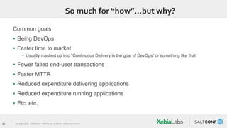 31 Copyright 2015. Confidential – Distribution prohibited without permission
So much for “how”…but why?
Common goals
▪ Being DevOps
▪ Faster time to market
− Usually mashed up into “Continuous Delivery is the goal of DevOps” or something like that
▪ Fewer failed end-user transactions
▪ Faster MTTR
▪ Reduced expenditure delivering applications
▪ Reduced expenditure running applications
▪ Etc. etc.
 