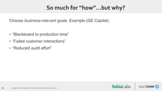 33 Copyright 2015. Confidential – Distribution prohibited without permission
So much for “how”…but why?
Choose business-relevant goals. Example (GE Capital):
▪ “Blackboard to production time”
▪ “Failed customer interactions”
▪ “Reduced audit effort”
 