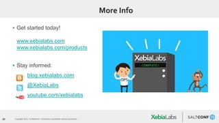 38 Copyright 2015. Confidential – Distribution prohibited without permission
More Info
▪ Get started today!
www.xebialabs.com
www.xebialabs.com/products
▪ Stay informed:
blog.xebialabs.com
@XebiaLabs
youtube.com/xebialabs
 