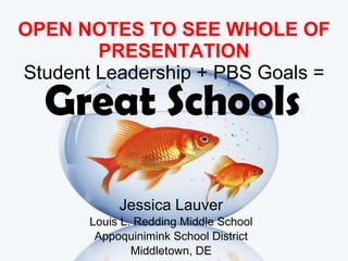 OPEN NOTES TO SEE WHOLE OF PRESENTATION Student Leadership + PBS Goals = Jessica Lauver Louis L. Redding Middle School Appoquinimink School District Middletown, DE Great Schools 