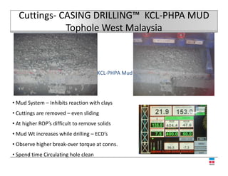 Cuttings‐ CASING DRILLING™  KCL‐PHPA MUD
             Tophole West Malaysia
               p              y



                                      KCL‐PHPA Mud




• Mud System – Inhibits reaction with clays
• Cuttings are removed – even sliding
• At higher ROP’s difficult to remove solids
• Mud Wt increases while drilling – ECD’s
• Observe higher break over torque at conns
  Observe higher break‐over torque at conns.
• Spend time Circulating hole clean
 