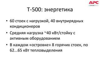 T-500 : энергетика 60 стоек с нагрузкой, 40 внутрирядных кондиционеров Средняя нагрузка  ~40  кВт/стойку с активным оборудованием В каждом «островке» 8 горячих стоек, по 62...65 кВт тепловыделения 