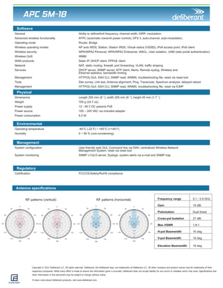 Copyright © 2012 Deliberant LLC. All rights reserved. Deliberant, the Deliberant logo, are trademarks of Deliberant LLC. All other company and product names may be trademarks of their 
respective companies. While every effort is made to ensure the information given is accurate, Deliberant does not accept liability for any errors or mistakes which may arise. Specifications and 
other information in this document may be subject to change without notice. 
To learn more about Deliberant products, visit www.deliberant.com. 
APC 5M-18 
General Ability to define/limit frequency, channel width, EIRP, modulation 
Advanced wireless functionality ATPC (automatic transmit power control), DFS 3, auto-channel, auto-modulation, 
Operating mode Router, Bridge 
Wireless operating modes AP auto WDS, Station, Station WDS, Virtual radios (VSSID), iPoll access point, iPoll client 
Wireless security WPA/WPA2 Personal, WPA/WPA2 Enterprise, WACL, User isolation, UAM (web portal authentication) 
Wireless QoS WMM 
WAN protocols Static IP, DHCP client, PPPoE client 
Network NAT, static routing, firewall, port forwarding, VLAN, traffic shaping 
Services DHCP server, SNMP server, NTP client, Alerts, Remote syslog, Wireless and 
Ethernet statistics, bandwidth limiting 
Management HTTP(S) GUI, SSH CLI, SNMP read, WNMS, troubleshooting file, reset via reset tool 
Tools Site survey, Link test, Antenna alignment, Ping, Traceroute, Spectrum analyzer, delayed reboot 
Management HTTP(S) GUI, SSH CLI, SNMP read, WNMS, troubleshooting file, reset via ICMP 
Physical 
Environmental 
Management 
Regulatory 
Dimensions Length 205 mm (8 ‘’), width 205 mm (8 ‘’), height 45 mm (1.7 ‘’) 
Weight 700 g (24.7 oz) 
Power supply 12 - 48 V DC passive PoE 
Power source 100 – 240 VAC via included adapter 
Power consumption 6.5 W 
Operating temperature -40°C (-22 F) ~ +65°C (+149 F) 
Humidity 0 ~ 90 % (non-condensing) 
System configuration User-friendly web GUI, Command line via SSH, centralized Wireless Network 
Management System, reset via reset tool 
System monitoring SNMP v1/2c/3 server, Syslogs, system alerts via e-mail and SNMP trap 
Certification FCC/CE/Safety/RoHS compliance 
Frequency range 5.1 - 5.9 GHz 
Gain 18 dBi 
Polarization Dual linear 
Cross-pol Isolation 27 dBi 
Max VSWR 1.8:1 
H-pol Beamwidth 16 deg 
V-pol Beamwidth 16 deg 
Elevation Beamwidth 16 deg 
Antenna specifications 
RF patterns (vertical) RF patterns (horizontal) 
Softwave 
 