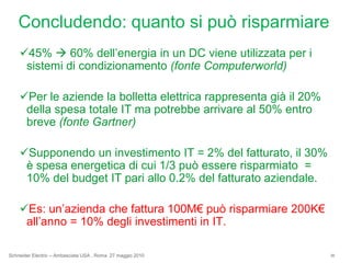 PUE (Power Usage Effectiveness )E’ unamisurausata per determinareilrendimentoenergeticodi un centrodati. PUE è determinatodividendo la quantitàdipotenzafornita ad un centrodati e la  potenzautilizzata per far funzionaregliapparati. PUE quindi è espresso come rapportogeneralediefficienzachemigliorapiùilsuovaloretende a 1.