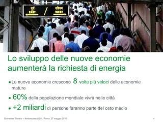 Lo sviluppo delle nuove economie aumenterà la richiesta di energiaLe nuove economie crescono 8 volte più veloci delle economie mature60%della popolazione mondiale vivrà nelle città+2 miliardi di persone faranno parte del ceto medio