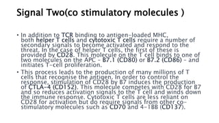Signal Two(co stimulatory molecules )
• In addition to TCR binding to antigen-loaded MHC,
both helper T cells and cytotoxic T cells require a number of
secondary signals to become activated and respond to the
threat. In the case of helper T cells, the first of these is
provided by CD28. This molecule on the T cell binds to one of
two molecules on the APC – B7.1 (CD80) or B7.2 (CD86) – and
initiates T-cell proliferation.
• This process leads to the production of many millions of T
cells that recognise the antigen. In order to control the
response, stimulation of CD28 by B7 induces the production
of CTLA-4 (CD152). This molecule competes with CD28 for B7
and so reduces activation signals to the T cell and winds down
the immune response. Cytotoxic T cells are less reliant on
CD28 for activation but do require signals from other co-
stimulatory molecules such as CD70 and 4-1BB (CD137).
 