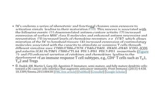 • DCs undergo a series of phenotypic and functional changes upon exposure to
activation signals, leading to their maturation (10). This process is associated with
the following events: (1) downregulated antigen-capture activity, (2) increased
expression of surface MHC class II molecules and enhanced antigen processing and
presentation, (3) increased levels of chemokine receptors, e.g., CCR7, which allows
migration of the DC to lymphoid tissues; (4) increased expression of costimulatory
molecules associated with the capacity to stimulate or suppress T cells through
different signaling axes: CD80/CD86-CD28, CD40-CD40L, OX40L-OX40, ICOSL-ICOS
and galectin (GAL)9-TIM3, CD80-CTLA4, PDL1-PD1, PDL2-PD1, respectively (Figure
2); and (5) enhanced secretion of cytokines and chemokines, leading to the
development of an immune response T cell subtypes, e.g., CD4+ T cells such as TH1,
TH2 and Tregs
• 0. Dudek AM, Martin S, Garg AD, Agostinis P. Immature, semi-mature, and fully mature dendritic cells:
toward a DC-cancer cells interface that augments anticancer immunity. Front Immunol. (2013) 4:438.
10.3389/fimmu.2013.00438 [PMC free article] [PubMed] [CrossRef] [Google Scholar]
 