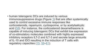 • human tolerogenic DCs are induced by various
immunosuppressive drugs (Figure 3) that are often systemically
used to control excessive immune responses like
corticosteroids, rapamycin, cyclosporine, or by acetylsalicylic
acid (58). For instance, the corticosteroid dexamethasone is
capable of inducing tolerogenic DCs that exhibit low expression
of co-stimulatory molecules combined with highly expressed
inhibitory receptors ILT-2 and ILT-3 and secrete large amounts
of IL-10 and IDO resulting in the induction of T cells with
regulatory capacities (15, 59–61).
 