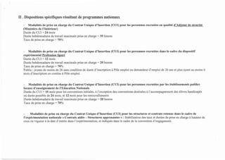 II . Dispositions spécifiques résultant de programmes nationaux
Modalités de prise en charge du Contrat Unique d'Insertion (CUI) pour les personnes recrutées en qualité d'Adjoint de sécurité
(Ministère de l'Intérieur)
Durée du CUI =24 mois
Durée hebdomadaire de travail maximale prise en charge = 35 heures
Taux de prise en charge =70%
Modalités de prise en charge du Contrat Unique d'Insertion (CUI) pour les personnes recrutées dans le cadre du dispositif
expérimental Profession Sport
Durée du CUI =12 mois
Durée hebdomadaire de travail maximale prise en charge =20 heures
Taux de prise en charge = 70%
Public: jeunes de moins de 26 sans condition de durée d'inscription à Pôle emploi ou demandeur d'emploi de 26 ans et plus ayant au moins 6
mois d'inscription en continu à Pôle emploi.
Modalités de prise en charge du Contrat Unique d'Insertion (CUI) pour les personnes recrutées par les établissements publics
locaux d'enseignement de l'Education Nationale
Durée du CUI = 10 mois pour les conventions initiales, à l'exception des conventions destinées à l'accompagnement des élèves handicapés
où durée possible de 24 mois, et 12 mois pour les renouvellements
Durée hebdomadaire de travail maximale prise en charge = 20 heures
Taux de prise en charge =70%
Modalités de prise en charge du Contrat Unique d'Insertion (CUI) pour les structures et contrats retenus dans le cadre de
l'expérimentation nationale « Contrats aidés - Structures apprenantes» : Stabilisation des taux et durées de prise en charge à hauteur de
ceux en vigueur à la date d'entrée dans l'expérimentation, et indiqués dans le cadre de la convention d'engagement.
 