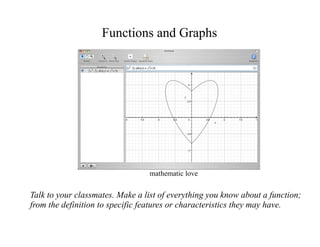 Functions and Graphs




                                 mathematic love


Talk to your classmates. Make a list of everything you know about a function;
from the definition to specific features or characteristics they may have.
 