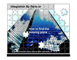 Integration By Parts or




                       How to ﬁnd the
                       missing piece ...




 no telling where the money went by ﬂickr user Adam_T4
 
