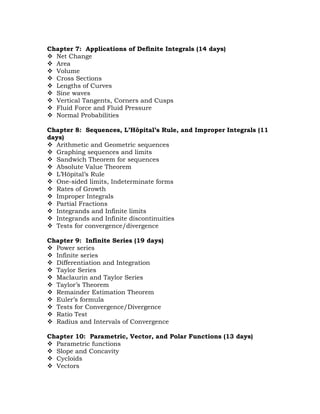 Chapter 7: Applications of Definite Integrals (14 days)
 Net Change
 Area
 Volume
 Cross Sections
 Lengths of Curves
 Sine waves
 Vertical Tangents, Corners and Cusps
 Fluid Force and Fluid Pressure
 Normal Probabilities

Chapter 8: Sequences, L’Hôpital’s Rule, and Improper Integrals (11
days)
 Arithmetic and Geometric sequences
 Graphing sequences and limits
 Sandwich Theorem for sequences
 Absolute Value Theorem
 L’Hôpital’s Rule
 One-sided limits, Indeterminate forms
 Rates of Growth
 Improper Integrals
 Partial Fractions
 Integrands and Infinite limits
 Integrands and Infinite discontinuities
 Tests for convergence/divergence

Chapter 9: Infinite Series (19 days)
 Power series
 Infinite series
 Differentiation and Integration
 Taylor Series
 Maclaurin and Taylor Series
 Taylor’s Theorem
 Remainder Estimation Theorem
 Euler’s formula
 Tests for Convergence/Divergence
 Ratio Test
 Radius and Intervals of Convergence

Chapter 10: Parametric, Vector, and Polar Functions (13 days)
 Parametric functions
 Slope and Concavity
 Cycloids
 Vectors
 