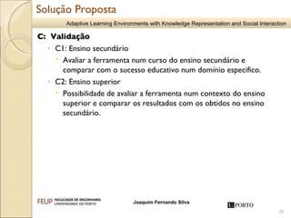 C:  Validação C1: Ensino secundário Avaliar a ferramenta num curso do ensino secundário e comparar com o sucesso educativo num domínio especifico.  C2: Ensino superior Possibilidade de avaliar a ferramenta num contexto do ensino superior e comparar os resultados com os obtidos no ensino secundário. Solução Proposta 