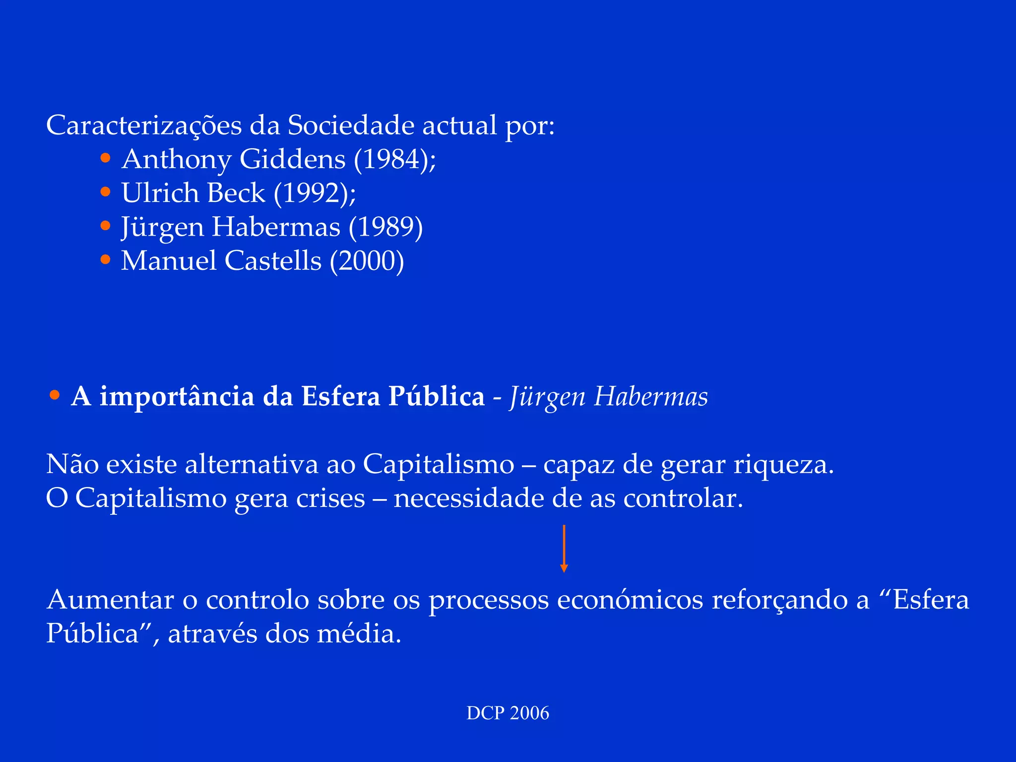 Caracterizações da Sociedade actual por:  Anthony Giddens (1984); Ulrich Beck (1992); J ü rgen Habermas (1989) Manuel Castells (2000) A importância da Esfera Pública  -  J ü rgen Habermas Não existe alternativa ao Capitalismo – capaz de gerar riqueza. O Capitalismo gera crises – necessidade de as controlar. Aumentar o controlo sobre os processos económicos reforçando a “Esfera Pública”, através dos média.  