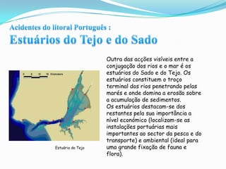 Acidentes do litoral Português :Estuários do Tejo e do SadoOutra das acções visíveis entre a conjugação dos rios e o mar é os estuários do Sado e do Tejo. Os estuários constituem o troço terminal dos rios penetrando pelas marés e onde domina a erosão sobre a acumulação de sedimentos.Os estuários destacam-se dos restantes pela sua importância a nível económico (localizam-se as instalações portuárias mais importantes ao sector da pesca e do transporte) e ambiental (ideal para uma grande fixação de fauna e flora).Estuário do Tejo