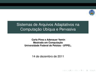Sistemas de Arquivos Adaptativos na
  Computação Ubíqua e Pervasiva

          Carla Pires e Adenauer Yamin
           Mestrado em Computação
    Universidade Federal de Pelotas - UFPEL.



          14 de dezembro de 2011
 