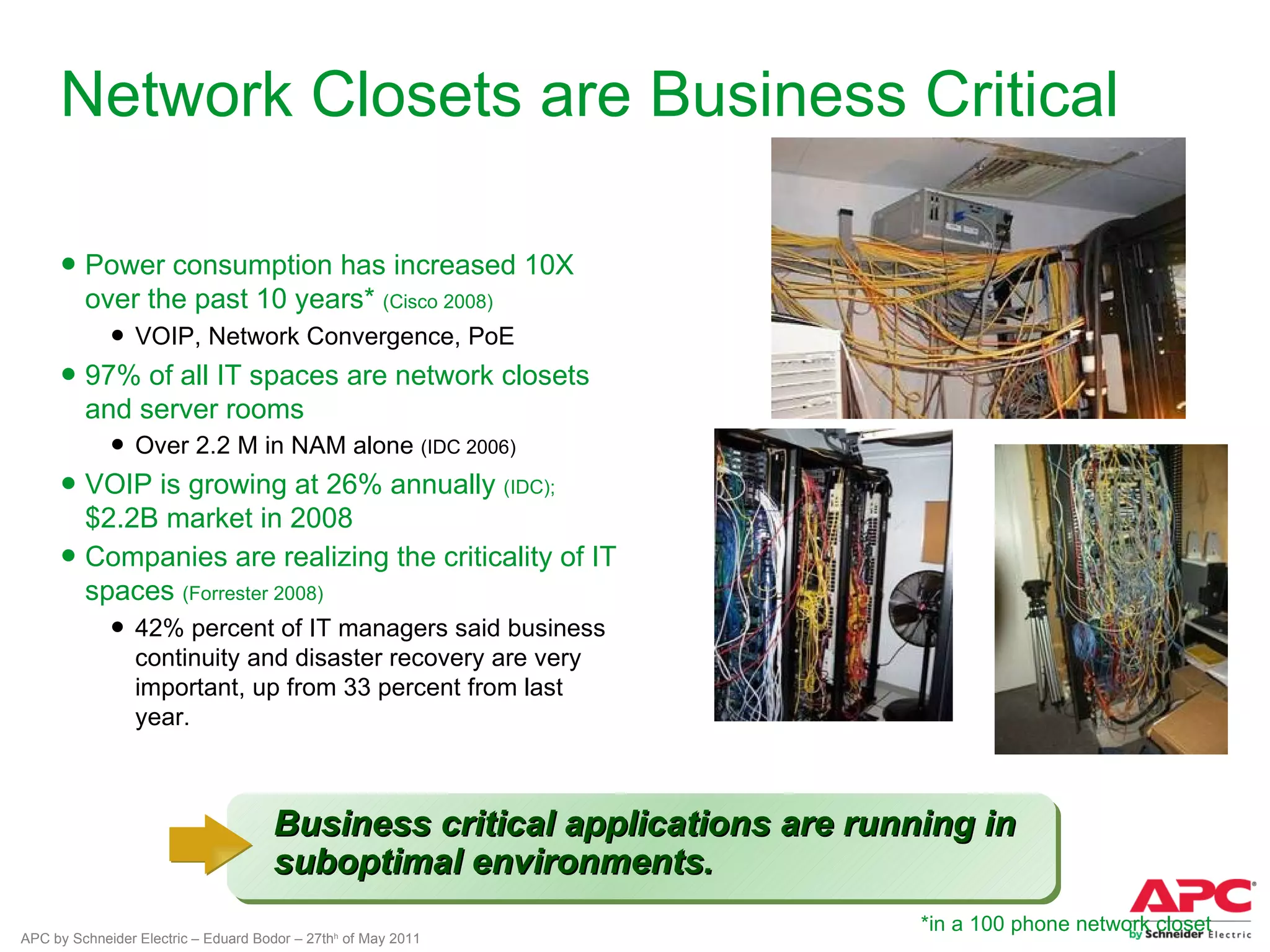 Network Closets are Business Critical

     ● Power consumption has increased 10X
       over the past 10 years* (Cisco 2008)
             ● VOIP, Network Convergence, PoE
     ● 97% of all IT spaces are network closets
       and server rooms
             ● Over 2.2 M in NAM alone (IDC 2006)
     ● VOIP is growing at 26% annually (IDC);
       $2.2B market in 2008
     ● Companies are realizing the criticality of IT
       spaces (Forrester 2008)
             ● 42% percent of IT managers said business
               continuity and disaster recovery are very
               important, up from 33 percent from last
               year.



                                     Business critical applications are running in
                                     suboptimal environments.
                                                                            *in a 100 phone network closet
APC by Schneider Electric – Eduard Bodor – 27thh of May 2011
 