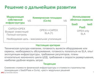 8
APC by Schneider Electric
Решение о дальнейшем развитии
Модернизация
собственной
инфраструктуры
Использование
облачных сервисов
SaaS
PaaS
IaaS
Коммерческая площадка
(Co-lo)VS VS
CAPEX>OPEX
Возврат инвестиций
Полный контроль
OPEX>>CAPEX
SLA (?)
OPEX only
SLA
Настоящие критерии
Техническая культура компании, готовность вынести оборудование или
сервисы, необходимость обслуживания, готовность полагаться на SLA, опыт
эксплуатации инфраструктуры, требования регуляторов, планы
относительно жизненного цикла ЦОД, требования к скорости развертывания,
наиболее удобная модель затрат.
Необходимая цель - максимальная утилизация
Тенденции
Снижение стоимости физической инфраструктуры и стоимости строительства
(конкуренция с SaaS/Paas и Co-lo), «рост» модульных решений
 