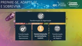 PREPARE-SE, ADAPTE-SE
E SOBREVIVA
TRANSFORMAÇÃO
DA EXPERIÊNCIA
CLIENTE
Transformação
dos Modelos
de Negócio
Transformação
dos Processos
Operacionais
Transformação da Organização
 