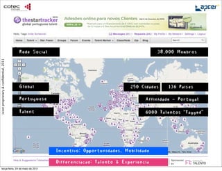 Rede Social                                           38,000 Membros
ixion proprietary & conﬁdential, 2011




                                        Global                                     250 Cidades    136 Paises

                                        Portuguese                                       Affinidade - Portugal

                                        Talent                                           6000 Talentos “Tagged”




                                                      Incentivo: Opportunidades, Mobilidade

                                                      Differenciacao: Talento & Experiencia
     terça-feira, 24 de maio de 2011
 