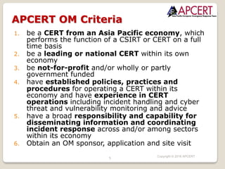 5
Copyright © 2018 APCERT
1. be a CERT from an Asia Pacific economy, which
performs the function of a CSIRT or CERT on a full
time basis
2. be a leading or national CERT within its own
economy
3. be not-for-profit and/or wholly or partly
government funded
4. have established policies, practices and
procedures for operating a CERT within its
economy and have experience in CERT
operations including incident handling and cyber
threat and vulnerability monitoring and advice
5. have a broad responsibility and capability for
disseminating information and coordinating
incident response across and/or among sectors
within its economy
6. Obtain an OM sponsor, application and site visit
APCERT OM Criteria
 