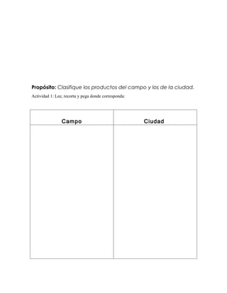 Propósito: Clasifique los productos del campo y los de la ciudad.
Actividad 1: Lee, recorta y pega donde corresponda:




                Campo                                 Ciudad
 