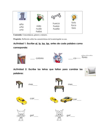hueco                    foto
        año                                                                   foco
        uña                   nido                   hueso
                              nudo                   huella                    toro
        uno
                              haba
Contenido: Concordancia, género y número.

Propósito: Reflexión sobre las características de la autorregular su uso.

Actividad 1: Escribe el, la, los, las, antes de cada palabra como
corresponda:


                                                                                   ____ almohada
                      ____ colores                                          ____ conejo flores
                                                                                   ____




Actividad 2: Escribe las letras que faltan para cambiar las
palabras:




                    mes____                                                 mes____




                      carr____                                                 carr____




                      gat____                                           gat____
 