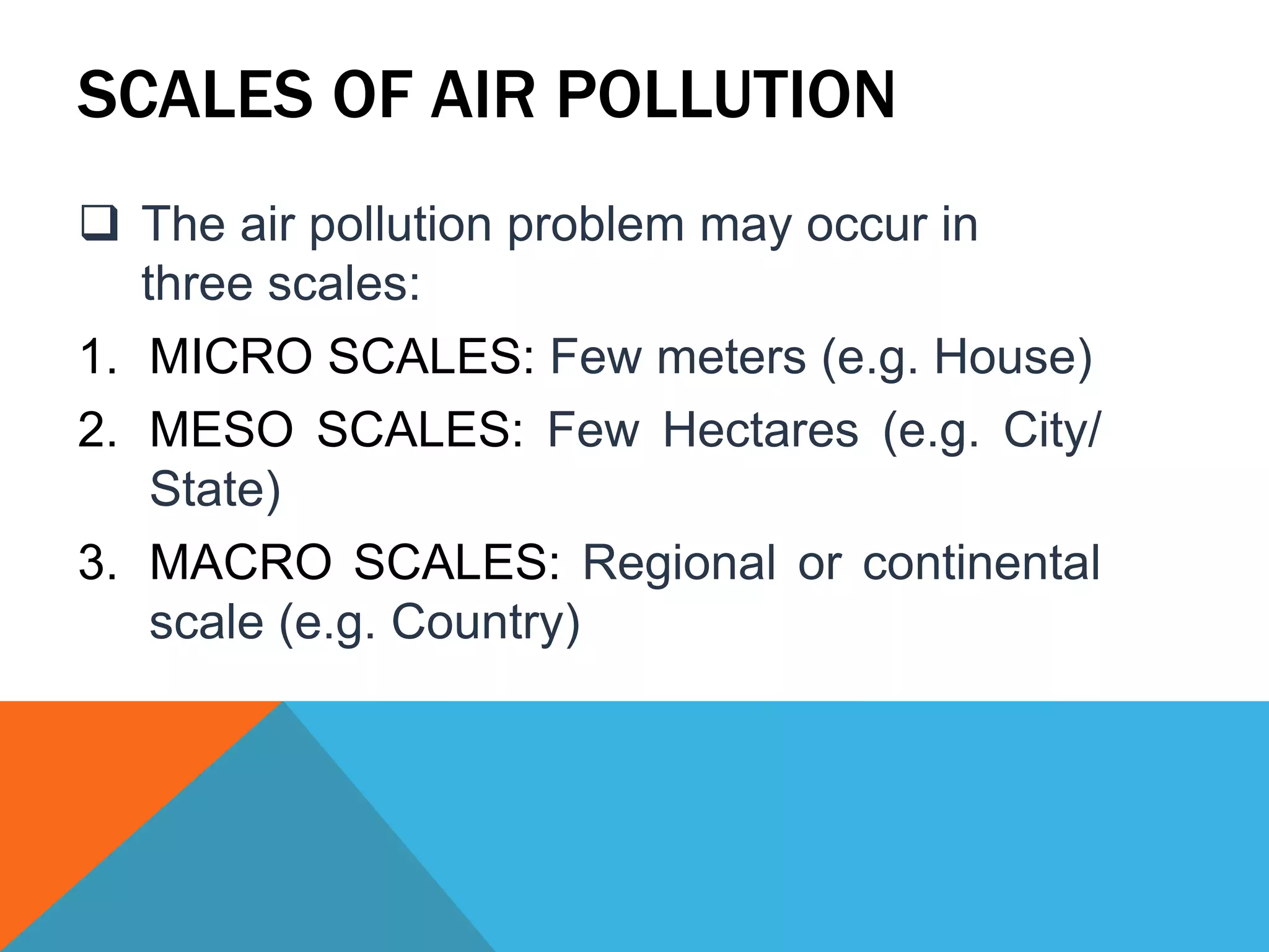SCALES OF AIR POLLUTION
 The air pollution problem may occur in
three scales:
1. MICRO SCALES: Few meters (e.g. House)
2. MESO SCALES: Few Hectares (e.g. City/
State)
3. MACRO SCALES: Regional or continental
scale (e.g. Country)
 