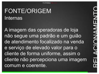 FONTE/ORIGEMInternasA imagem das operadoras de loja não segue uma padrão e um guião de atendimento focalizado na venda e serviço de elevado valor para o cliente de forma uniforme, assim o cliente não percepciona uma imagem comum e coerente. RELACIONAMENTO