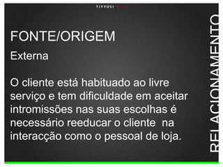 FONTE/ORIGEMExterna O cliente está habituado ao livre serviço e tem dificuldade em aceitar intromissões nas suas escolhas é necessário reeducar o cliente  na interacção como o pessoal de loja.RELACIONAMENTO