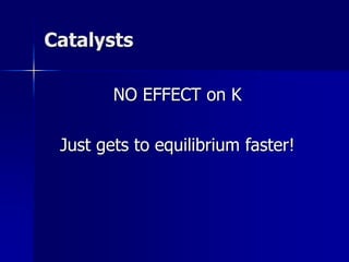 Catalysts
NO EFFECT on K
Just gets to equilibrium faster!
 