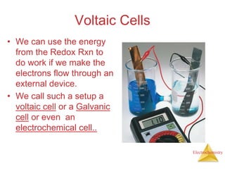 Electrochemistry
Voltaic Cells
• We can use the energy
from the Redox Rxn to
do work if we make the
electrons flow through an
external device.
• We call such a setup a
voltaic cell or a Galvanic
cell or even an
electrochemical cell..
 