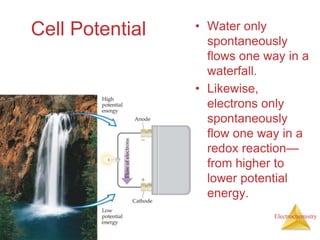 Electrochemistry
Cell Potential • Water only
spontaneously
flows one way in a
waterfall.
• Likewise,
electrons only
spontaneously
flow one way in a
redox reaction—
from higher to
lower potential
energy.
 