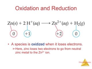 Electrochemistry
Oxidation and Reduction
• A species is oxidized when it loses electrons.
➢Here, zinc loses two electrons to go from neutral
zinc metal to the Zn2+ ion.
 